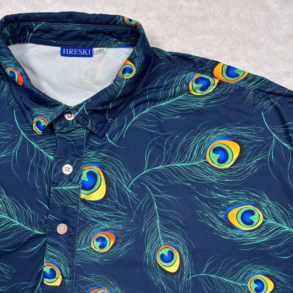 Hreski Peacock Feather Polo Shirt Mens XXL Navy Blue Bird Performance‎ Golf LOUD